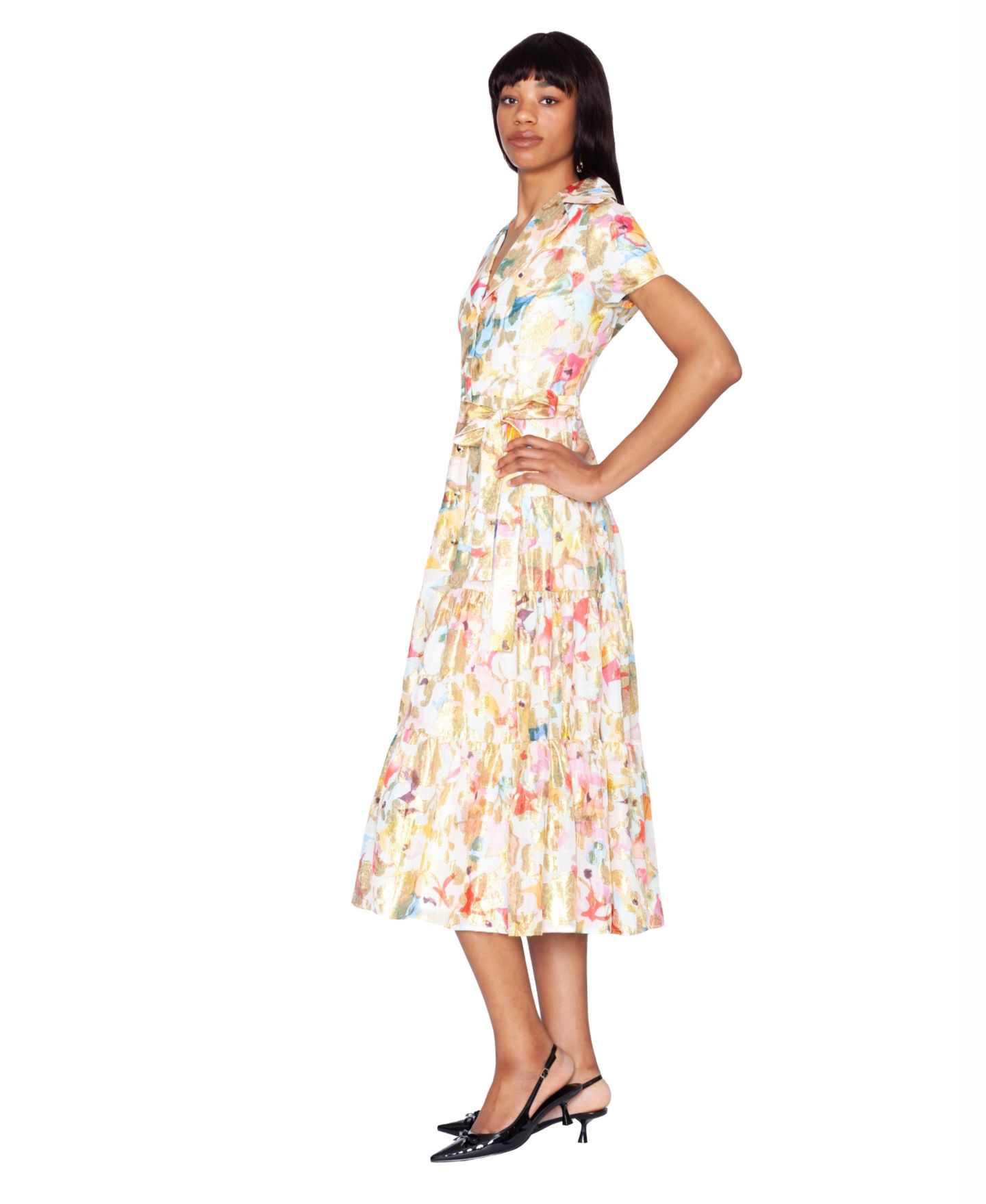 Женское платье WHITE TIE by Shani V-Neck Tiered Polyester Midi Shirt Dress, цвет: Белый / Разноцветный — фото 3