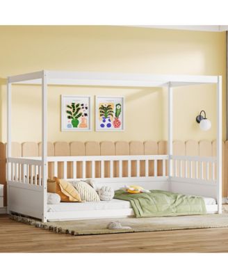 Twin Size Wooden Canopy Floor Bed With Guardrails Four Poster Design For Kids