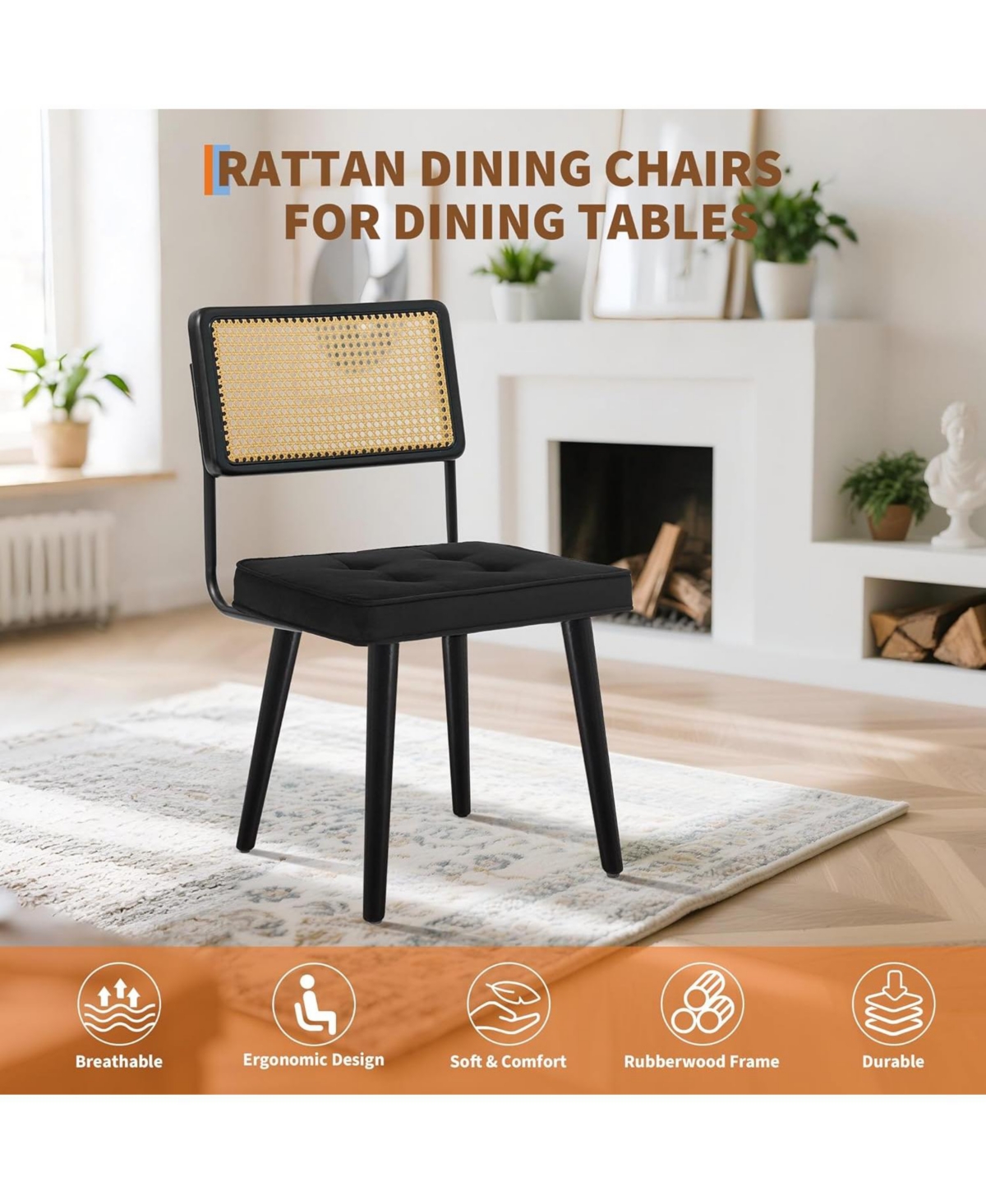 gaomon Rattan Dining Chairs Set of 6, Velvet Upholstered Chairs with Tall Cane Back