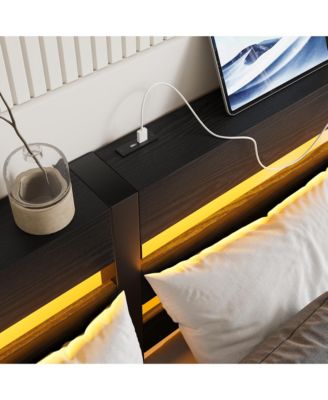 Full Size Metal Bed Wooden Headboard RGB Lights Charger Storage