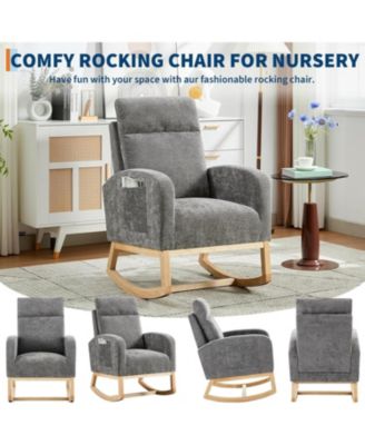 Modern Nursery Rocking Chair with Wood Legs and Side Pocket