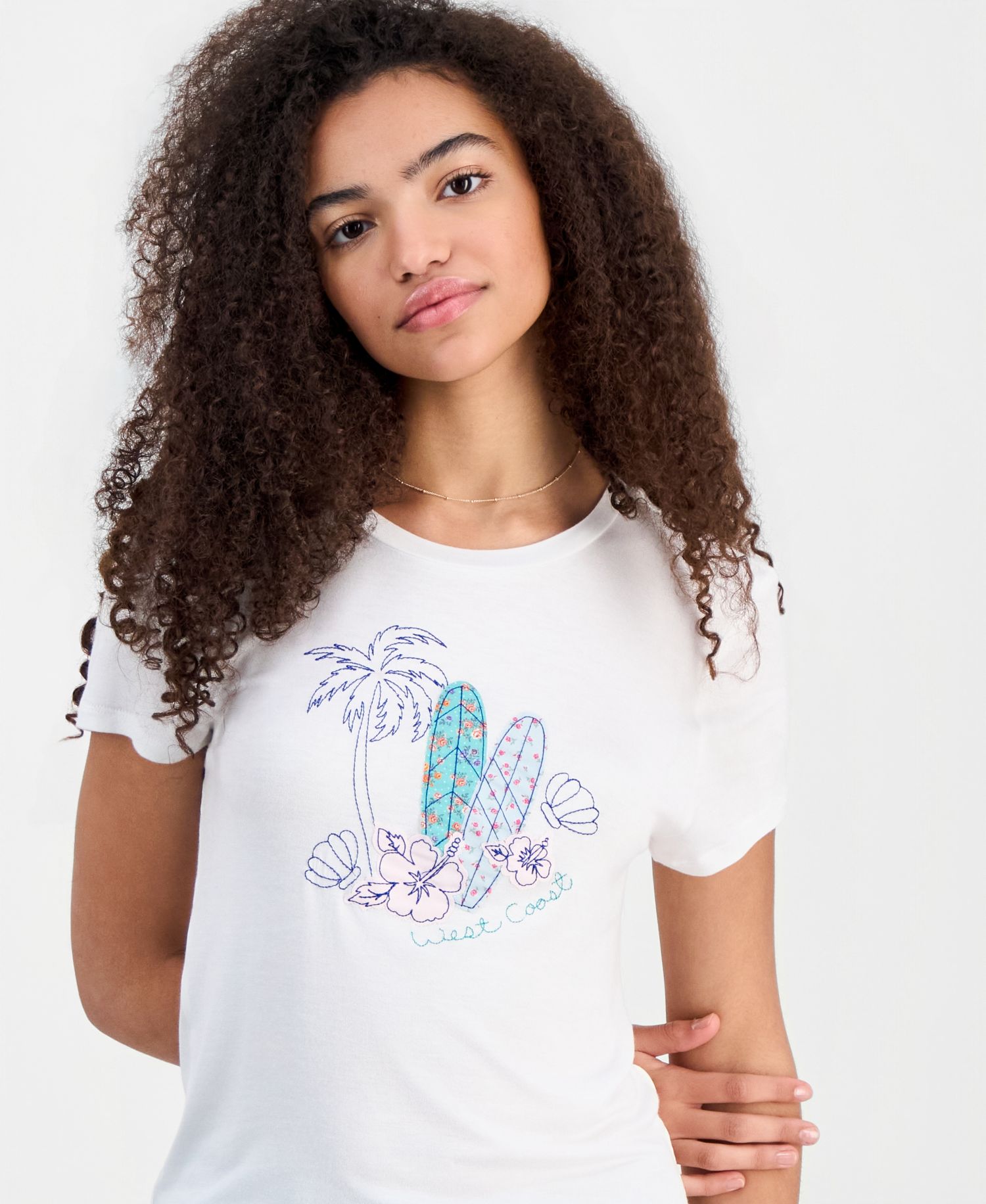 Juniors' Embellished Surfboard Graphic T-Shirt