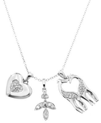 Diamond Heart, Leaf & Giraffes Three Charm Pendant Necklace (1/3 ct. t.w.) in Sterling Silver, 16" + 2" extender