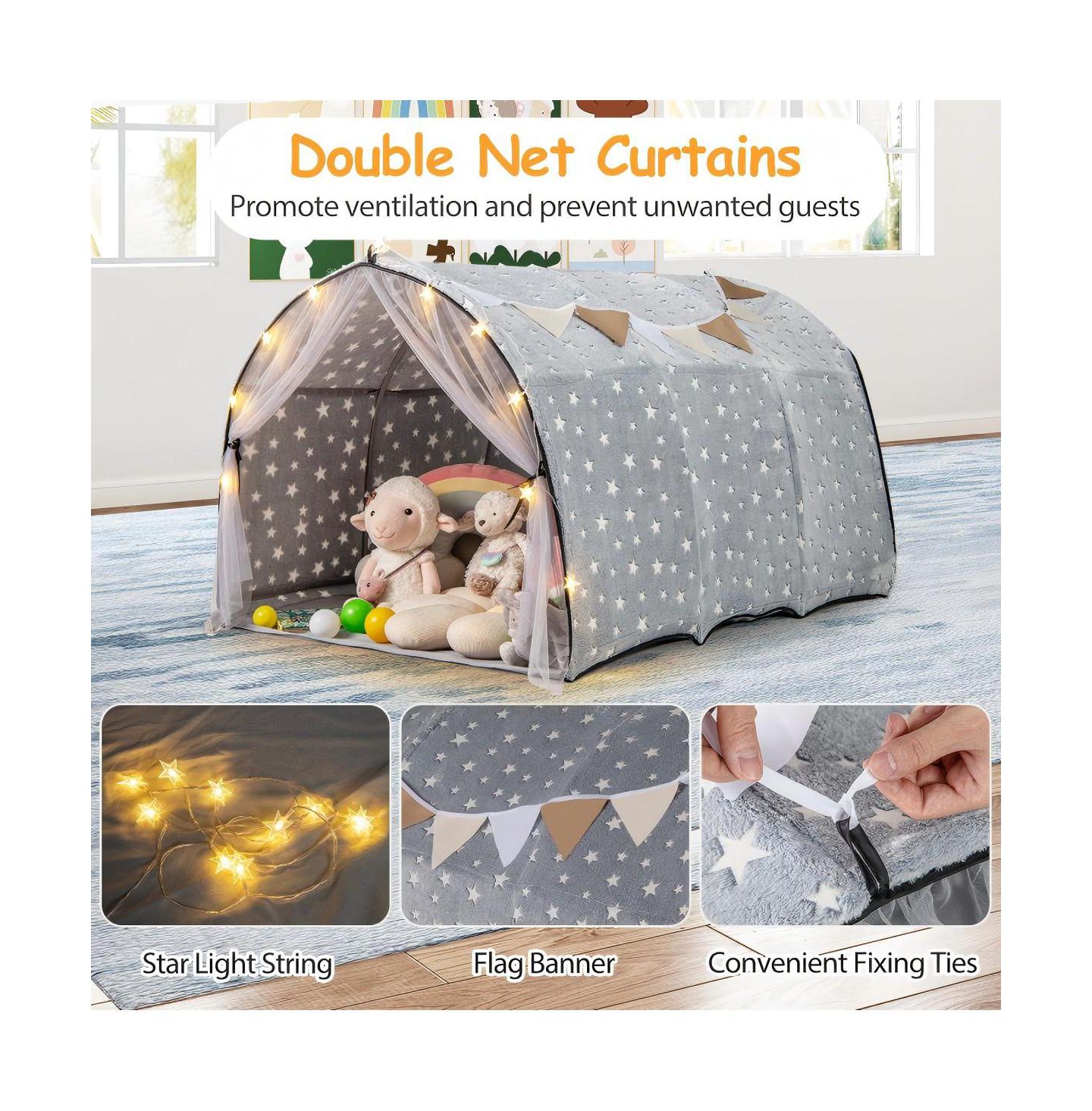 Детские игрушки HONGGE Glow-in-the-Dark Stars Twin Bunk Bed Tent Canopy, 3-Piece Set, Ages 3+ — фото 7