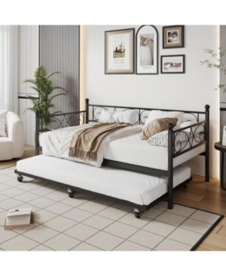 Twin Daybed with Trundle, Metal Trundle Bed, Sofa Bed Frame, Heavy Duty Metal Slats, for Living Room, Bedroom, Guest Room, Space Saving