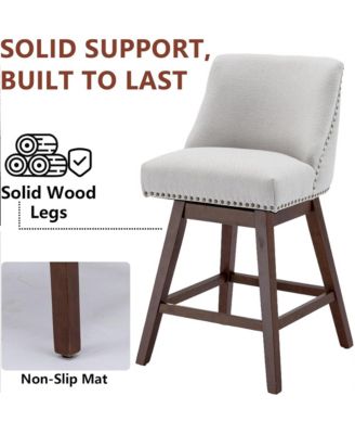 Swivel Bar Stools Set of 2, Modern Upholstered Counter Height Chairs with Wooden Legs and Nailhead Trim for Kitchen Island