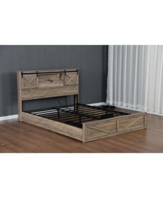  Farmhouse Bed Frame With LED Lights Charging Station 2 Storage Drawers