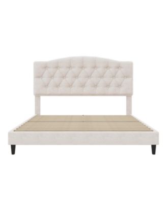 Upholstered Platform Bed Saddle Curved Adjustable Headboard Diamond Tufted Beige No Box Spring