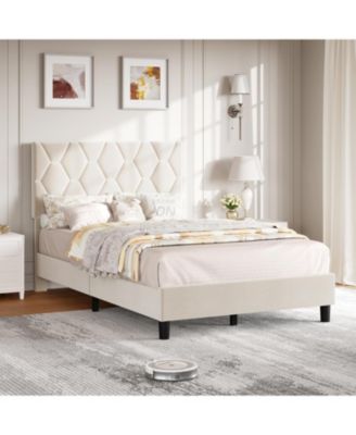 Twin Size MDF + Iron + Fabric Diagonal Grid Soft Mattress, Comfortable Upholstered Bed Frame in Beige, No Box Spring Needed