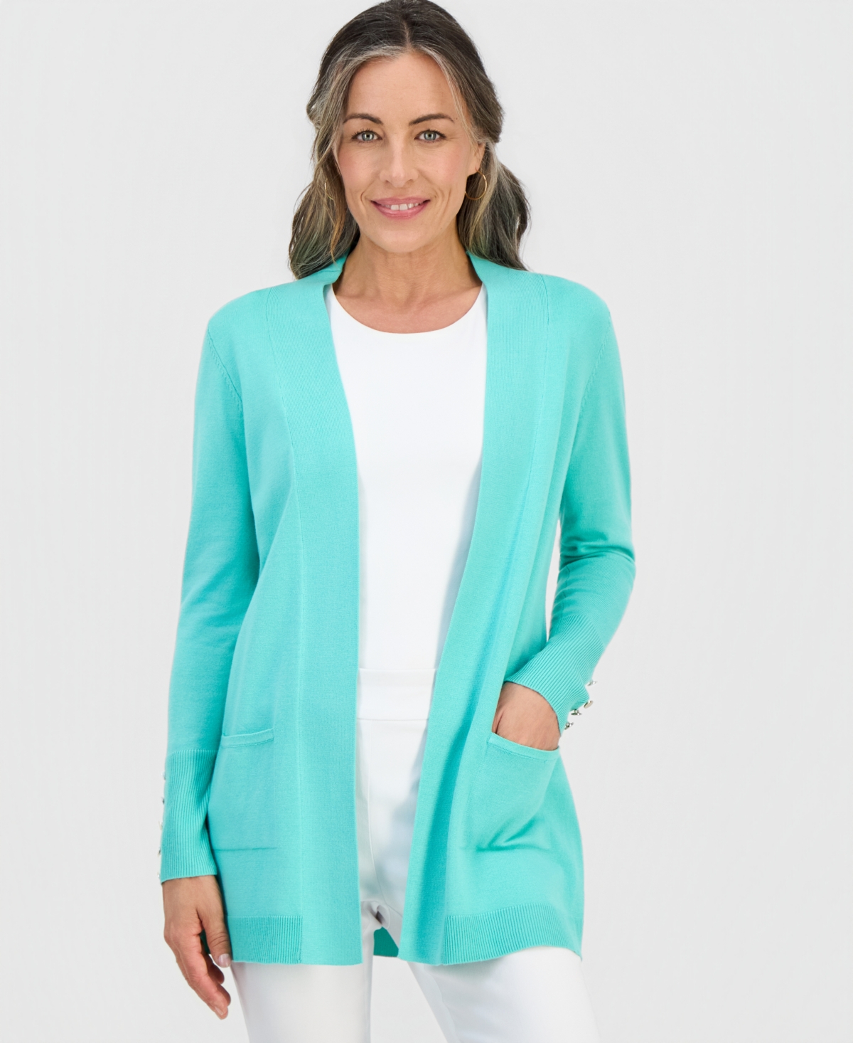 Jm Collection Petite Open-Front Button-Cuff Cardigan Sweater