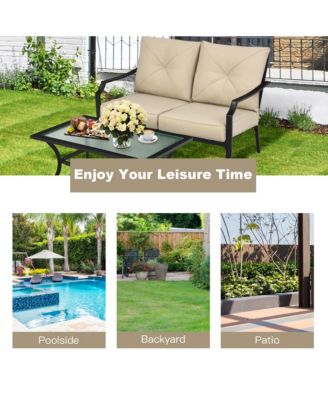 2PCS Outdoor Loveseat Set Cushioned Patio Bench Sofa w/ Coffee Table