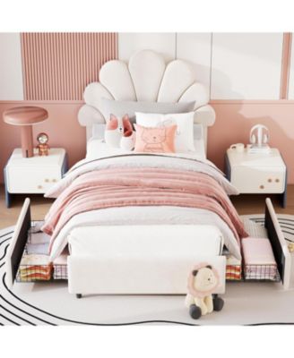 Twin Size Metal Petal Bed for Bedroom, Modern Design, Soft Fabric Upholstery, No Box Spring Needed