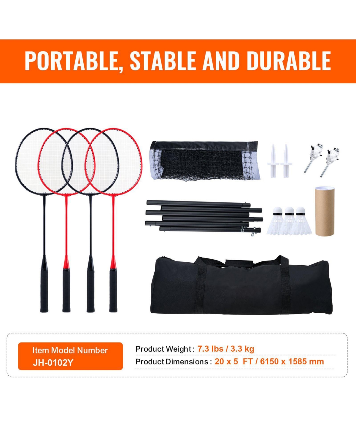 Portable Badminton Net Set with Poles, 4 Rackets and Shuttlecocks