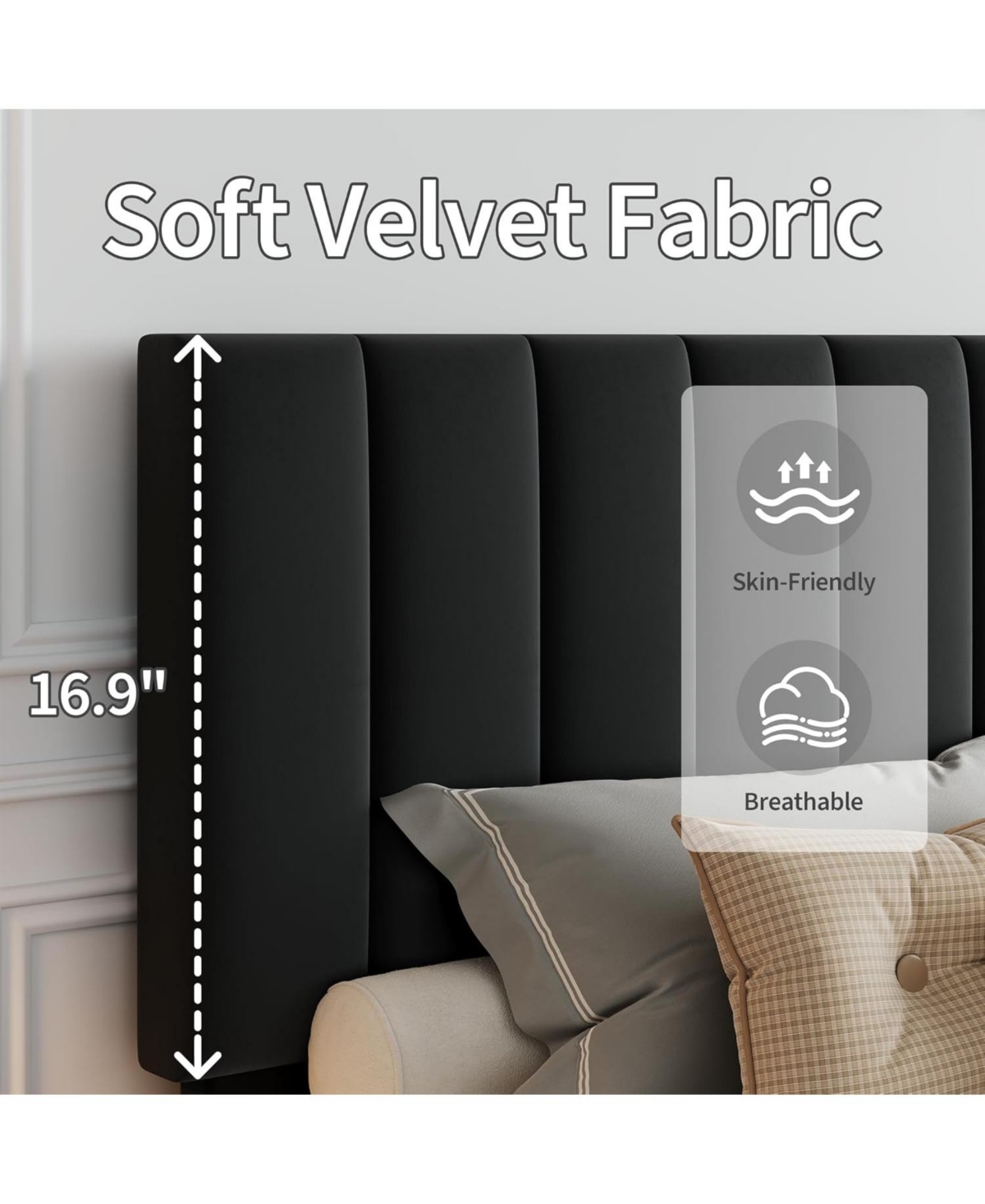 gaomon King Size Velvet Iron Mdf Vertical Pattern Soft Bag Basic Bed, Black Upholstered Bed Frame, Stylish Design, Comfortable Mattress, No Box Spring