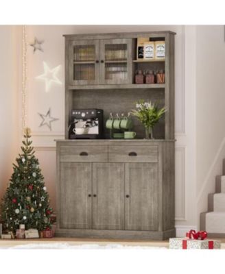 tall freestanding kitchen pantry cabinet with drawers, adjustable shelves, and microwave stand for kitchen or dining room