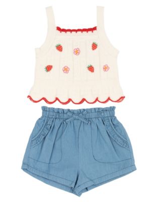 Baby Girls' Embroidered Tank Top and Chambray Shorts, 2-Piece Set