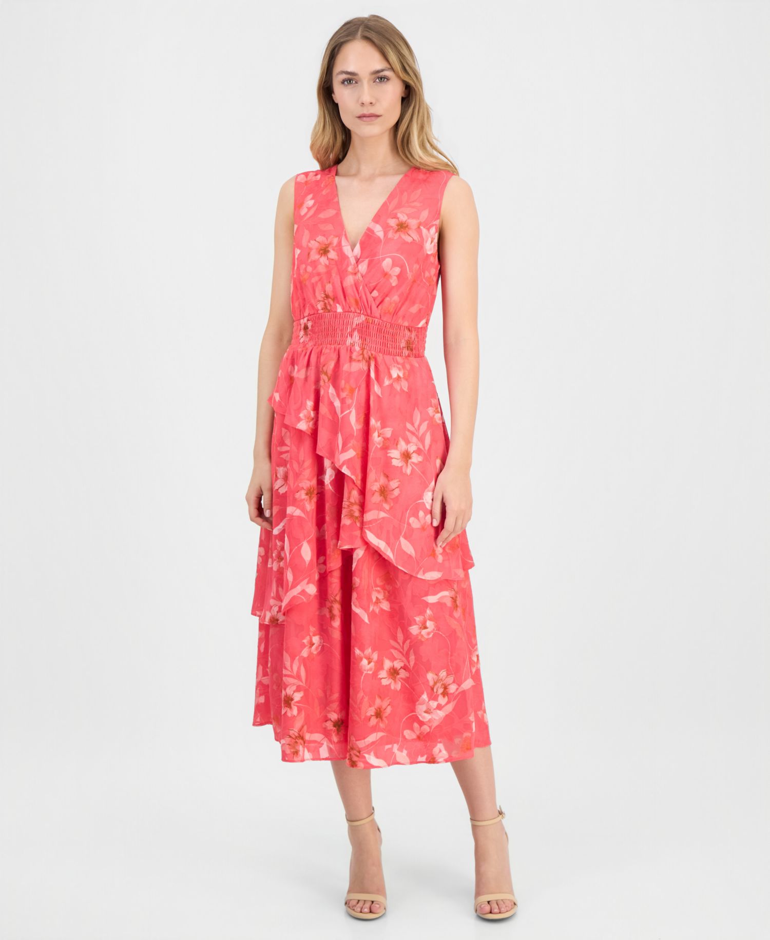 Women's Asymmetric-Tiered Floral Chiffon Midi Dress