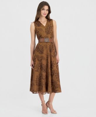 Women's V-Neck Embroidered Belted Midi Dress