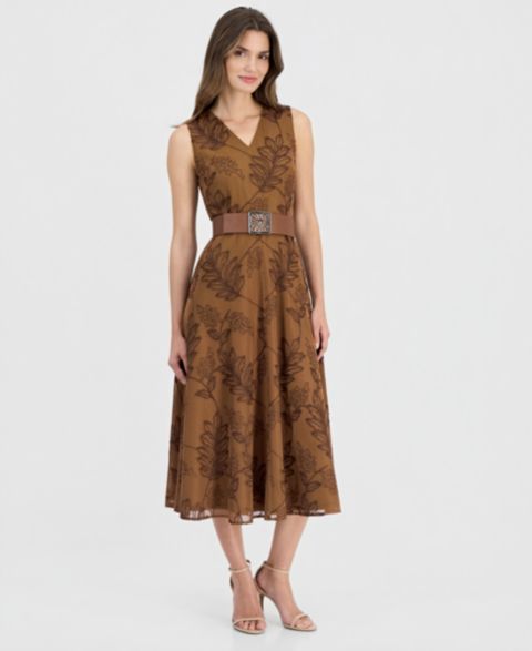 Женское платье Anne Klein V-Neck Embroidered Belted Midi, цвет: Коричневый