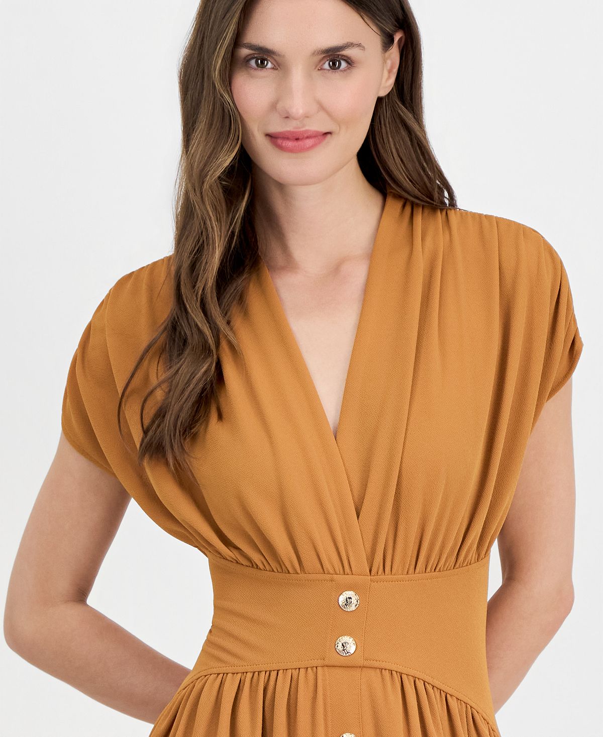 Anne Klein Women's V-Neck Ruched-Shoulder Jersey Dress view 4 — MAYCSS fashion products