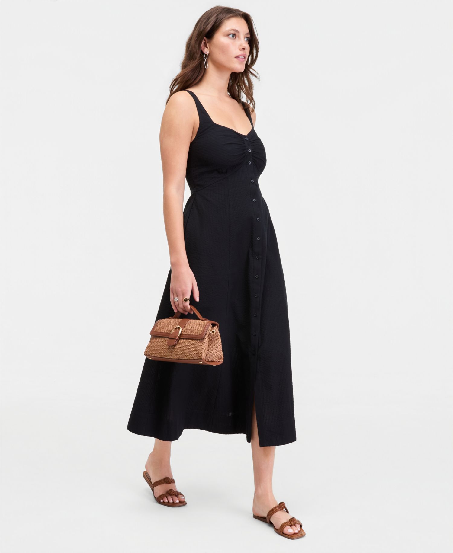 Women's Cotton Sweetheart-Neck Button-Front Midi Dress