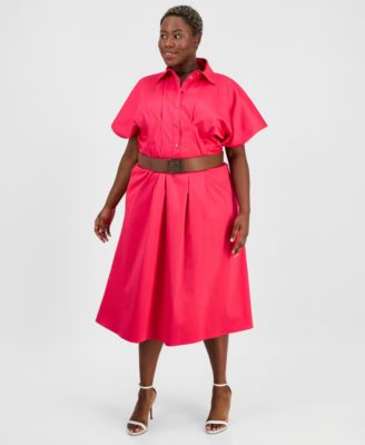 Plus Size Belted Pleated Midi Shirtdress