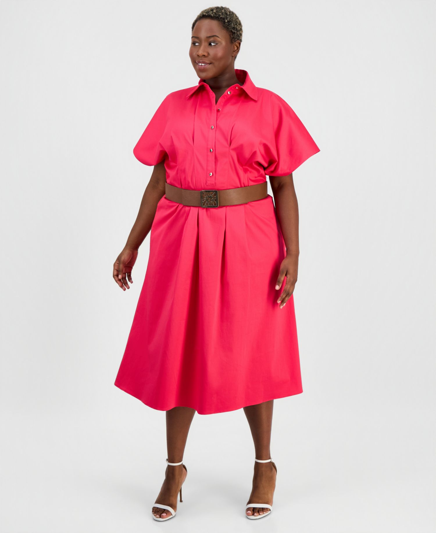 Plus Size Belted Pleated Midi Shirtdress