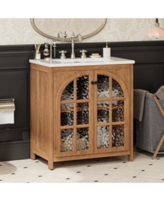Bathroom Vanity with Ceramic Sink, Vintage Rustic Cabinet with Bronze Pulls and 2 Soft-Closing Doors, Antique Natural Finish