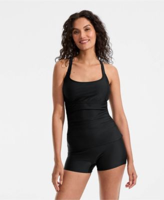 Women's Essential Tie Back Ruched Tankini and Shorts Two Piece Set