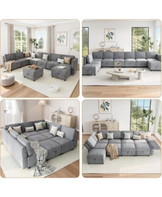 139.4" Chenille Reversible Sectional Sofa, 9-Seater Modular Sectional Sofa, Comfy Sectional Sleeper Sofa Couch with Chaise