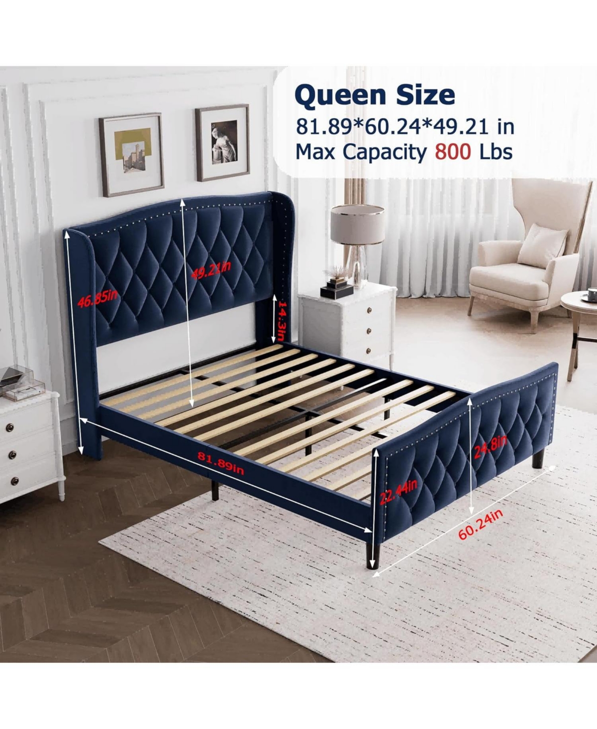 gaomon Queen Size Velvet Wingback Platform Bed Frame Upholstered Headboard, No Box Spring Needed