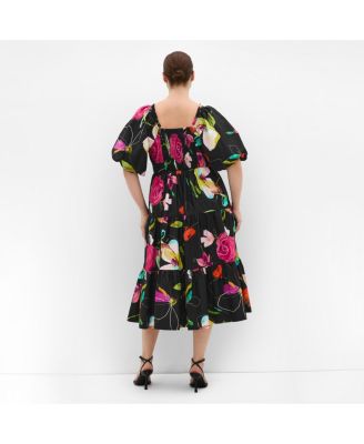 Women's Plus Size Fantasy Print Puff Sleeve Midi Dress