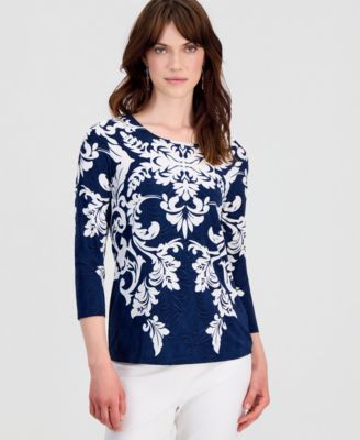 Women's Printed 3/4 Sleeve Scoop-Neck Jacquard Top