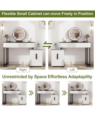 Modern Vanity Table with Mirror and Lights - Makeup Vanity with Glass Top, 4 Drawers and Reversible Adjustable Side Cabinet for Bedroom