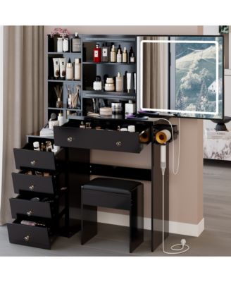 37" Makeup Vanity Set with Touch Control LED Sliding Mirror, Cushioned Stool, Makeup Desk with USB Charge and Hair Dryer Stand for Bedroom