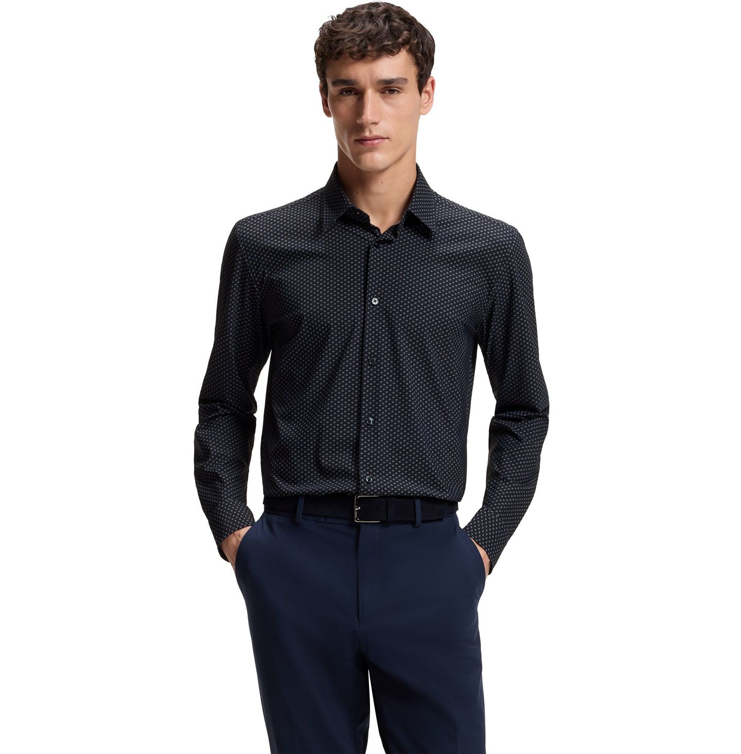 Мужская рубашка Hugo Boss Performance-Stretch Jersey Dress Shirt, цвет: Тёмный синий — фото 1