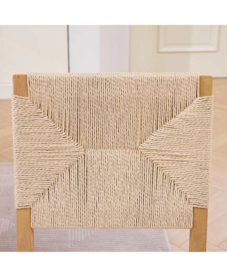 Set of 2 Rope Rattan Dining Chairs with Wood Frame and Linen Seat