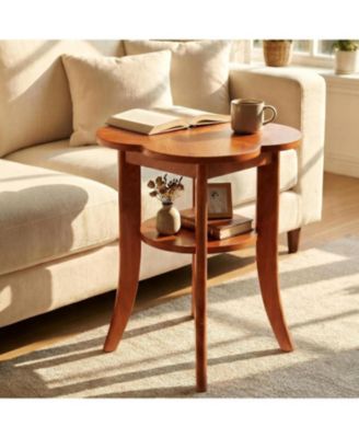 Solid Wood End Table, 2-Tier Sofa Side Table with Storage Shelf, Mid Century Modern Wooden Bedside Nightstand