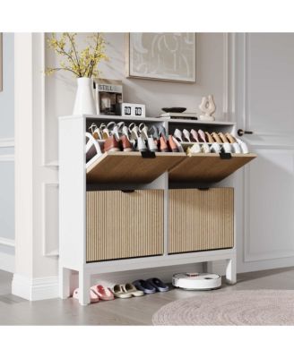 Shoe Storage Cabinet with 4 Flip Drawers, Farmhouse Fluted Shoe Organizer with Metal Legs
