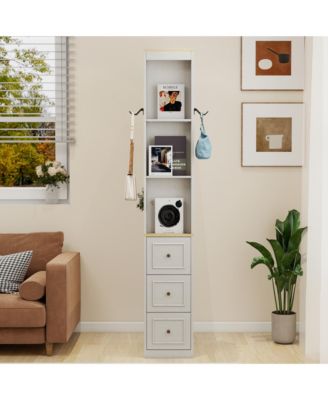 73" Tall Slim Storage Cabinet, 3-Tier Display Shelves with 3 Drawers and 2 Hooks, MDF Bookshelf for Living Room, Home Office