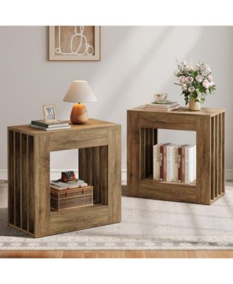 End Table Set of 2, Farmhouse Narrow Side Table with Storage Shelf, Rustic Square Nightstand Bedside