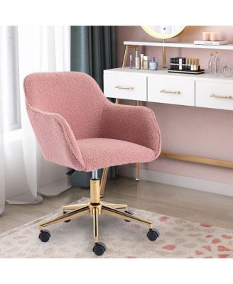 Modern Teddy Fabric Home Office Chair - Adjustable Swivel Desk Chair, Cute Fluffy Computer Chair with Gold Metal Legs for Vanity Room