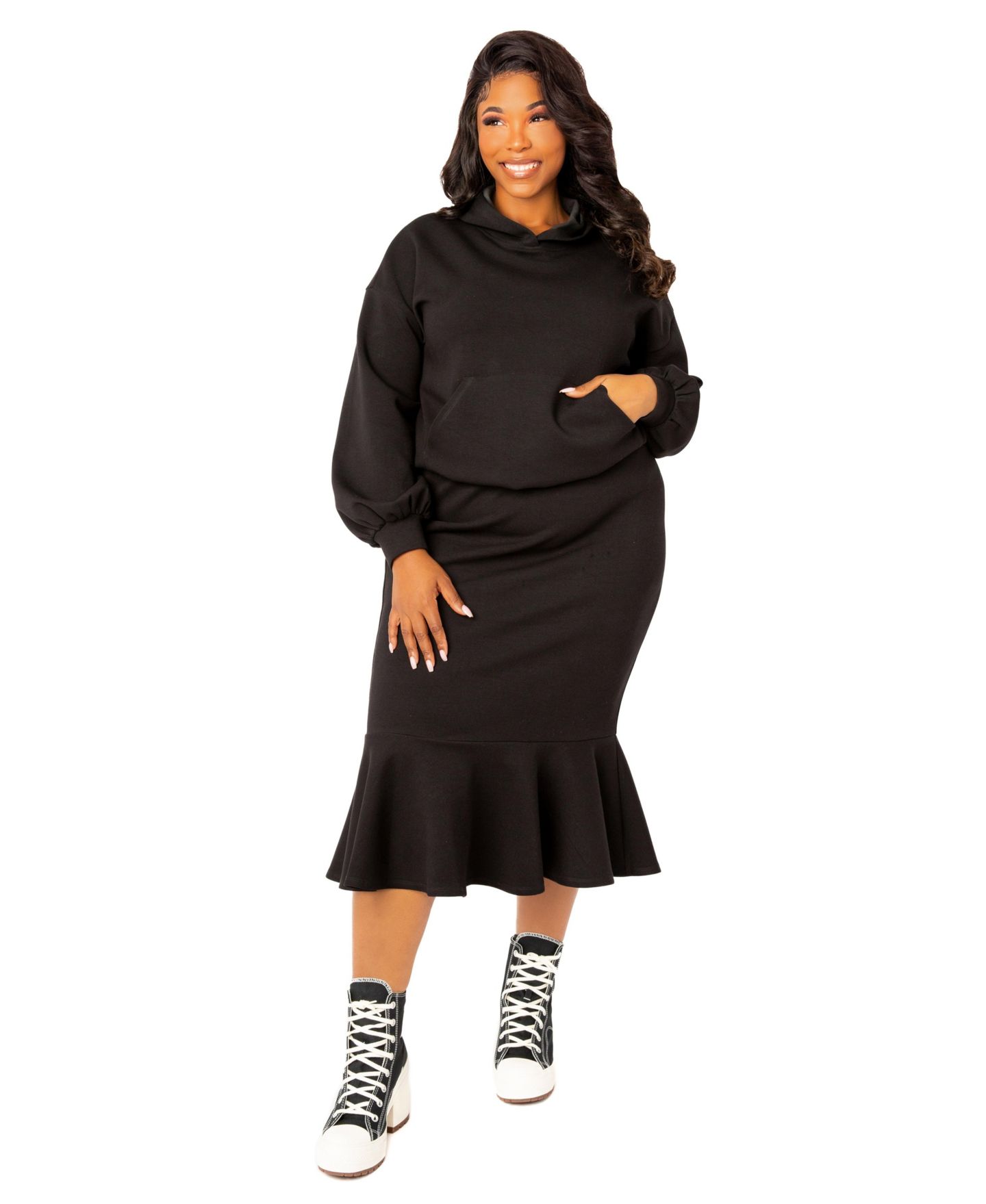 Женский комплект Buxom Couture Plus Size Scuba Hoodie and Peplum Skirt Set, цвет: Чёрный — фото 1