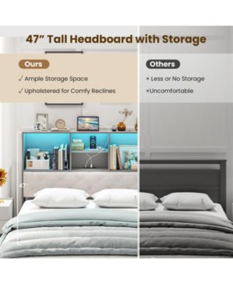 Full Size Bed Frame with Bookcase Headboard and LED Lights