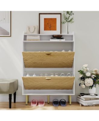 Shoe Cabinet with 2 Drawers, Slim Freestanding Shoe Storage Organizer, Wood Grain Finish, Hidden Rack