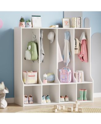 4-Section Classroom Coat Locker with 4 Cubbies, Daycare Cubby Storage Organizer with 8 Hooks for Home, School, Nursery, Kindergarten