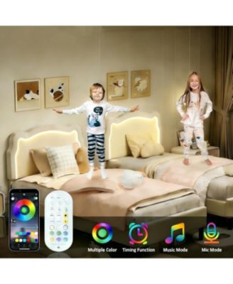 Twin Upholstered Smart LED Bed Frame with Velvet Princess Headboard and Wooden Slat Support, No Box Spring Needed