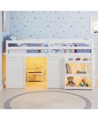 Wooden Low Kids Loft Bed with  LED Lights and 2 Doors