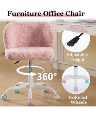 Faux Fur Office Chair - Adjustable Swivel Desk Chair, Fluffy Computer Chair with Colorful Wheels and Metal Base for Home Office