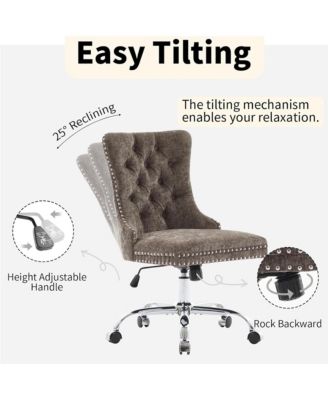 Office Chair - Chenille Upholstered Tufted Button Desk Chair, Adjustable Swivel Computer Chair with Chrome Metal Base for Home